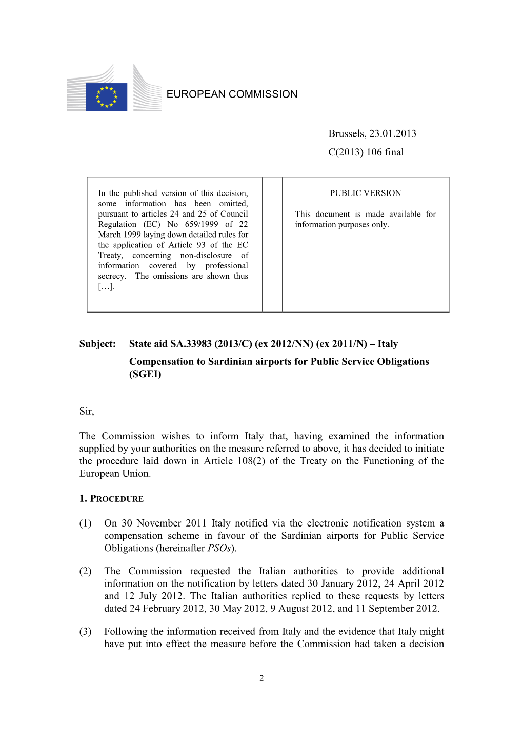 State Aid SA.33983 (2013/C) (Ex 2012/NN) (Ex 2011/N) – Italy Compensation to Sardinian Airports for Public Service Obligations (SGEI)