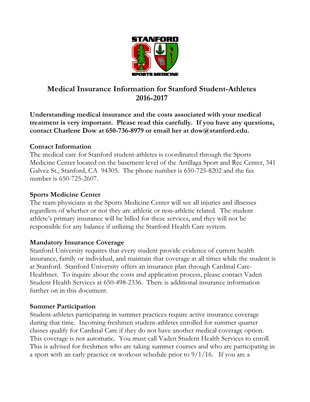 Medical Insurance Information for Stanford Student-Athletes 2016-2017