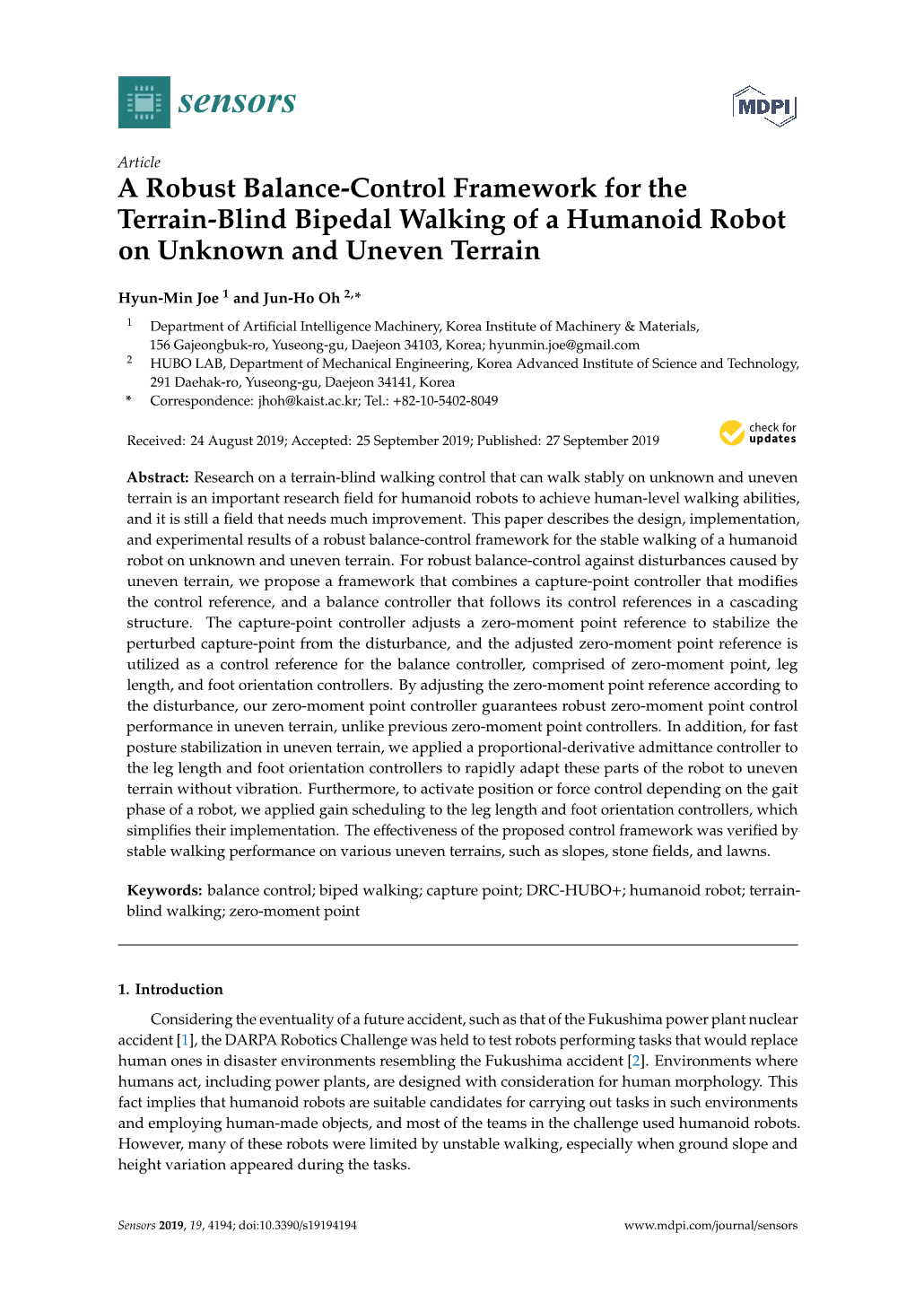 A Robust Balance-Control Framework for the Terrain-Blind Bipedal Walking of a Humanoid Robot on Unknown and Uneven Terrain