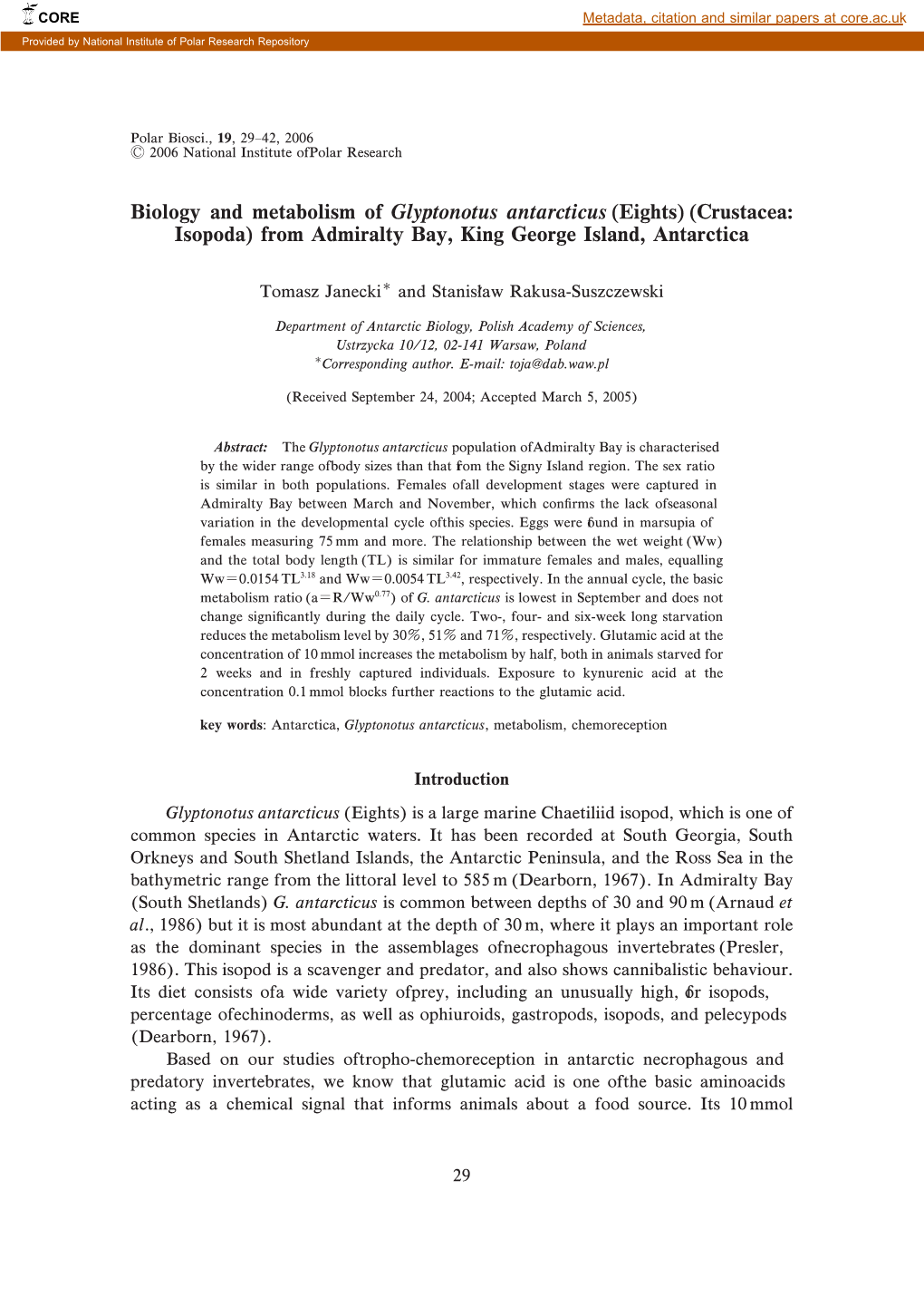 Biology and Metabolism of Glyptonotus Antarcticus (Eights) (Crustacea: Isopoda) from Admiralty Bay, King George Island, Antarctica