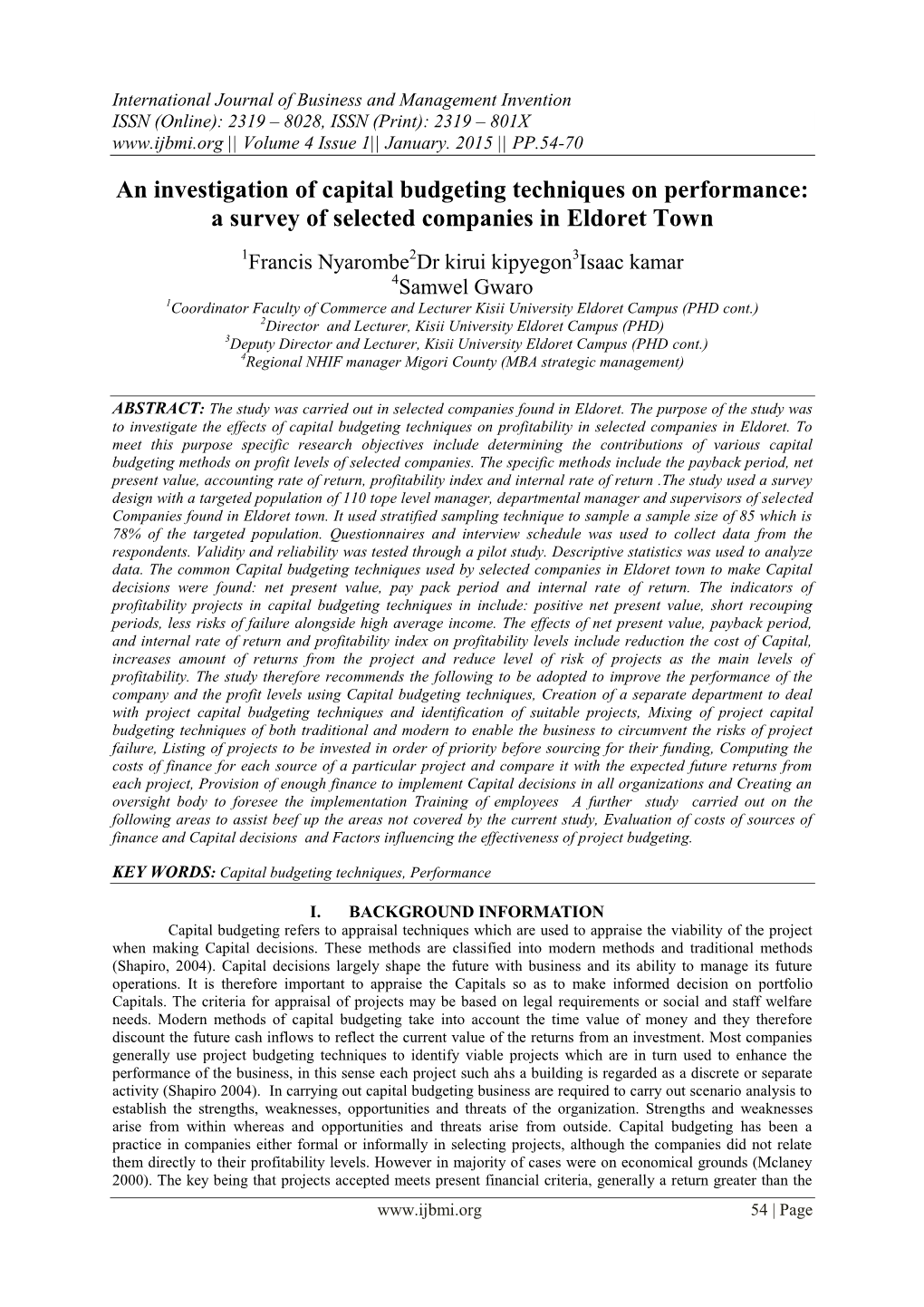 An Investigation of Capital Budgeting Techniques on Performance: a Survey of Selected Companies in Eldoret Town