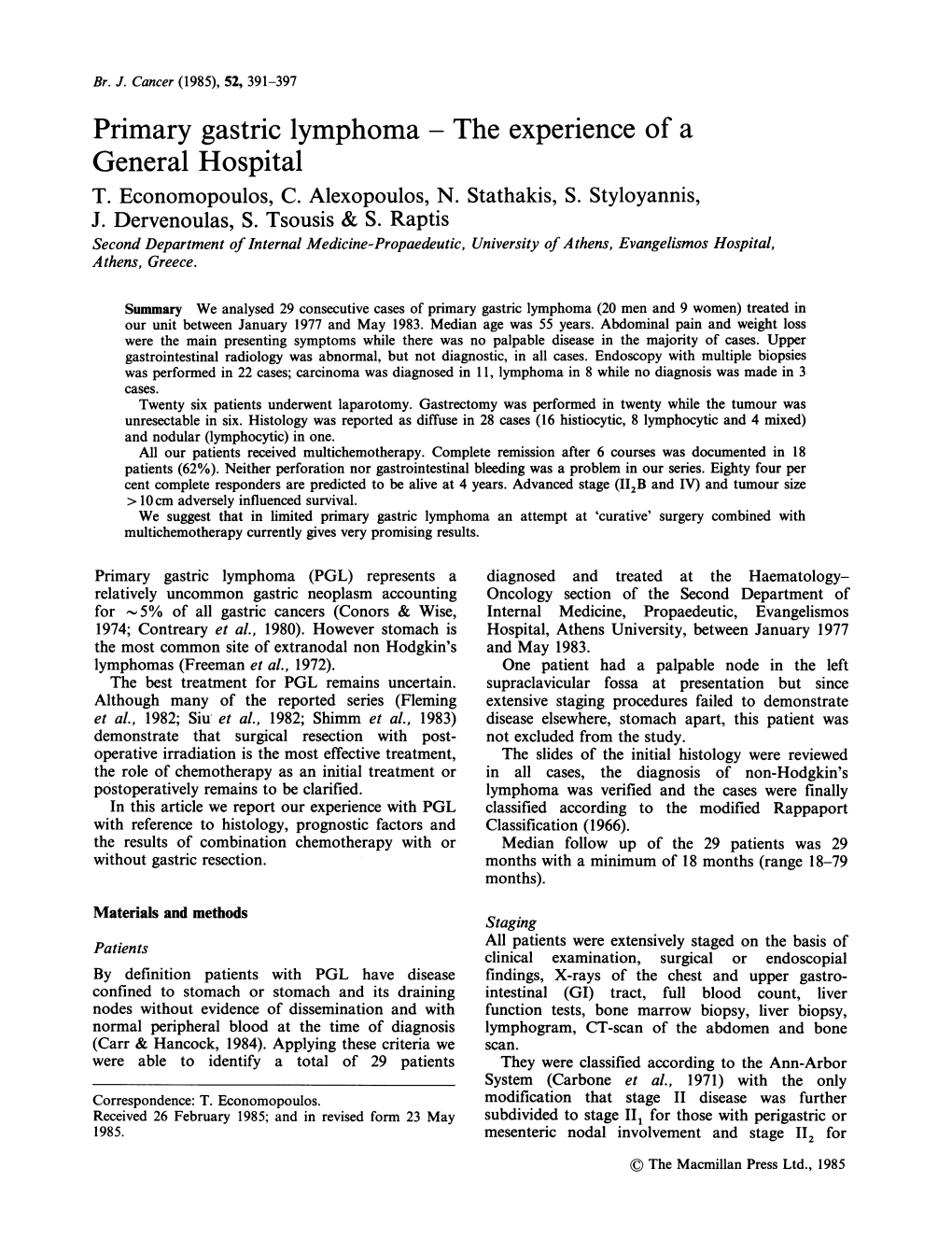 Primary Gastric Lymphoma the Experience of a General Hospital T