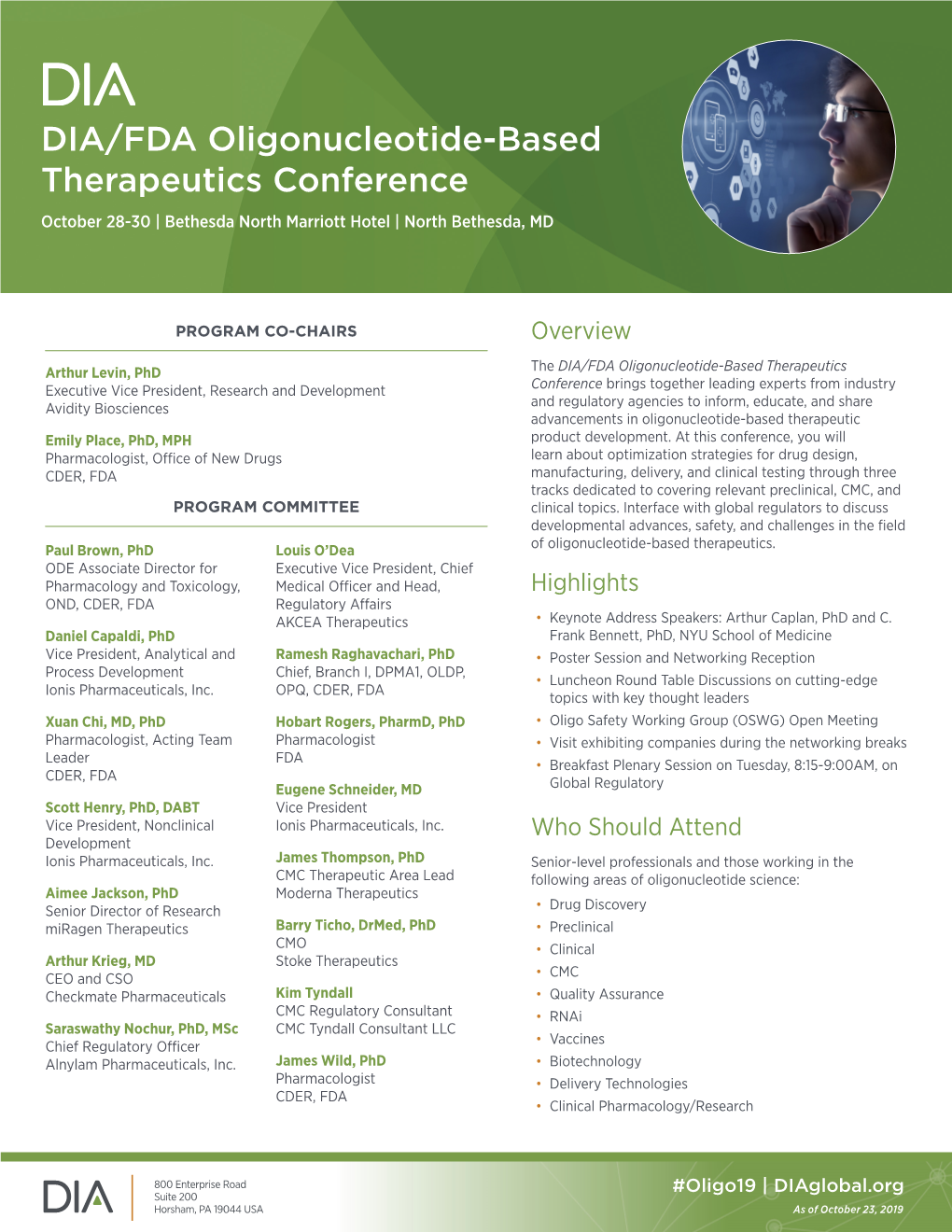 DIA/FDA Oligonucleotide-Based Therapeutics Conference October 28-30 | Bethesda North Marriott Hotel | North Bethesda, MD