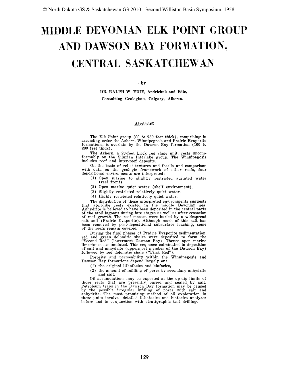 Middle Devonian Elk Point Group and Dawson Bay Formation, Central Saskatchewan