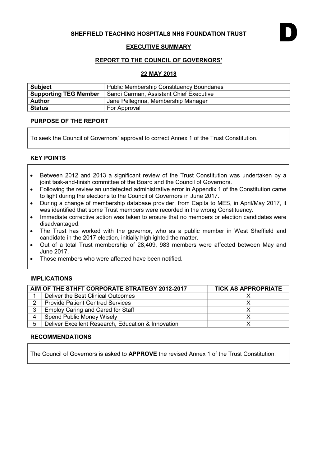 Sheffield Teaching Hospitals Nhs Foundation Trust D Executive Summary