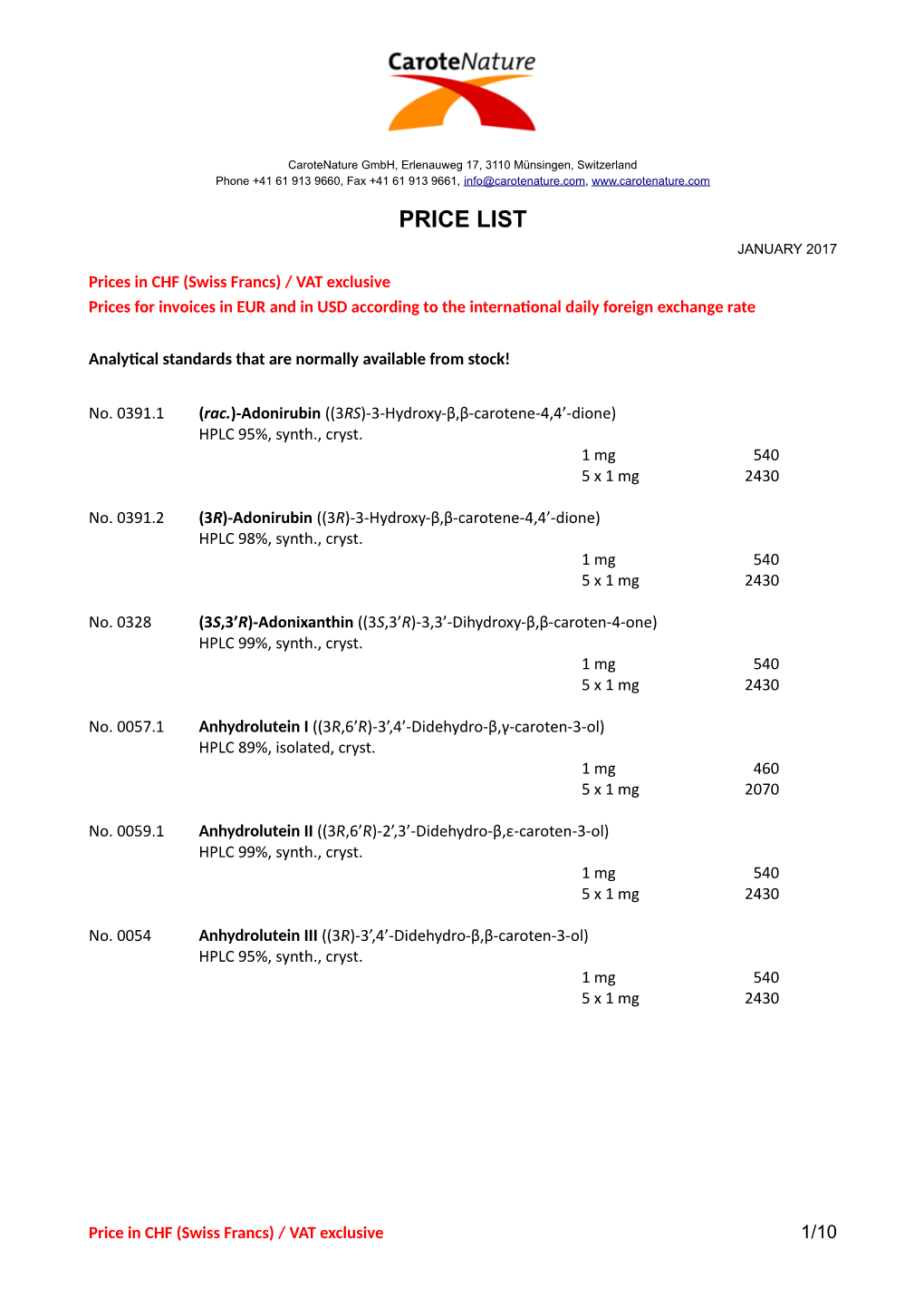 Price List January 2017