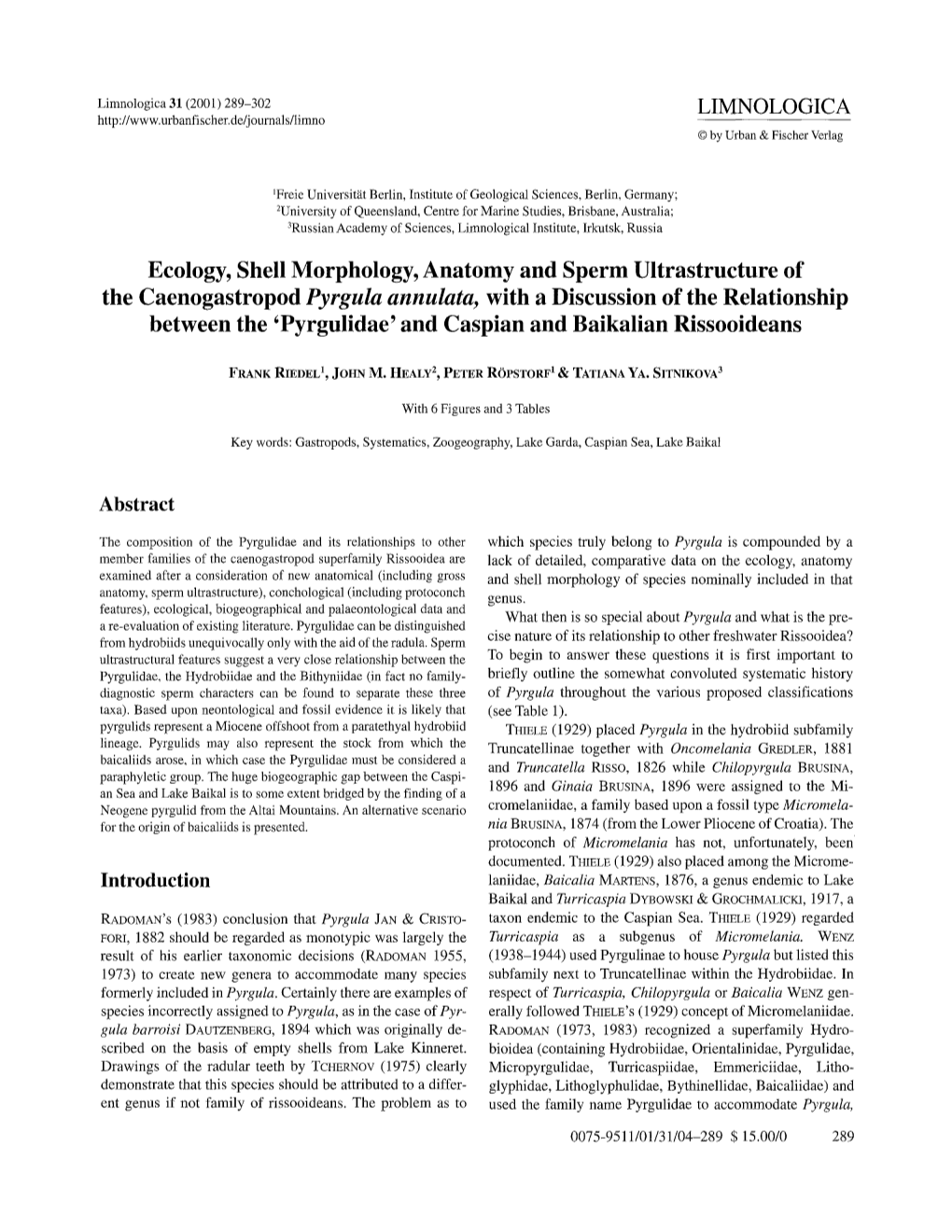 Ecology, Shell Morphology, Anatomy and Sperm Ultrastructure of the Caenogastropod Pyrgula Annulata, with a Discussion of The