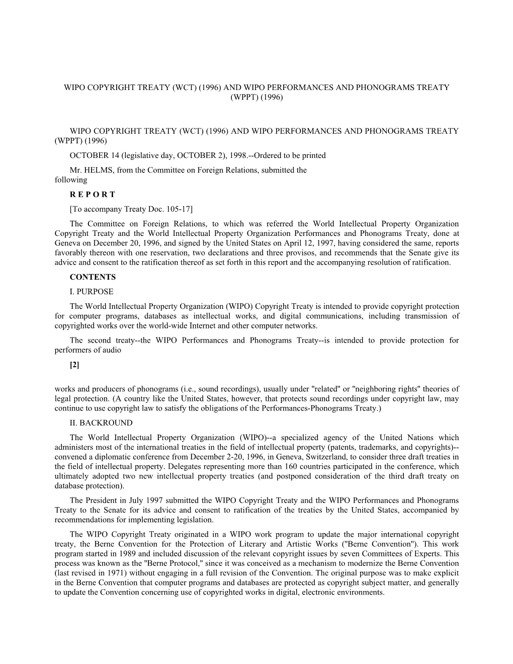 Wipo Copyright Treaty (Wct) (1996) and Wipo Performances and Phonograms Treaty (Wppt) (1996)