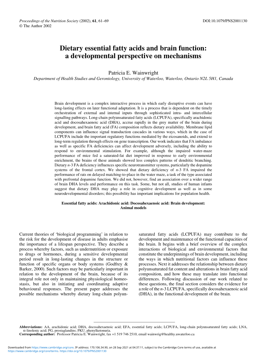 Dietary Essential Fatty Acids and Brain Function: a Developmental Perspective on Mechanisms