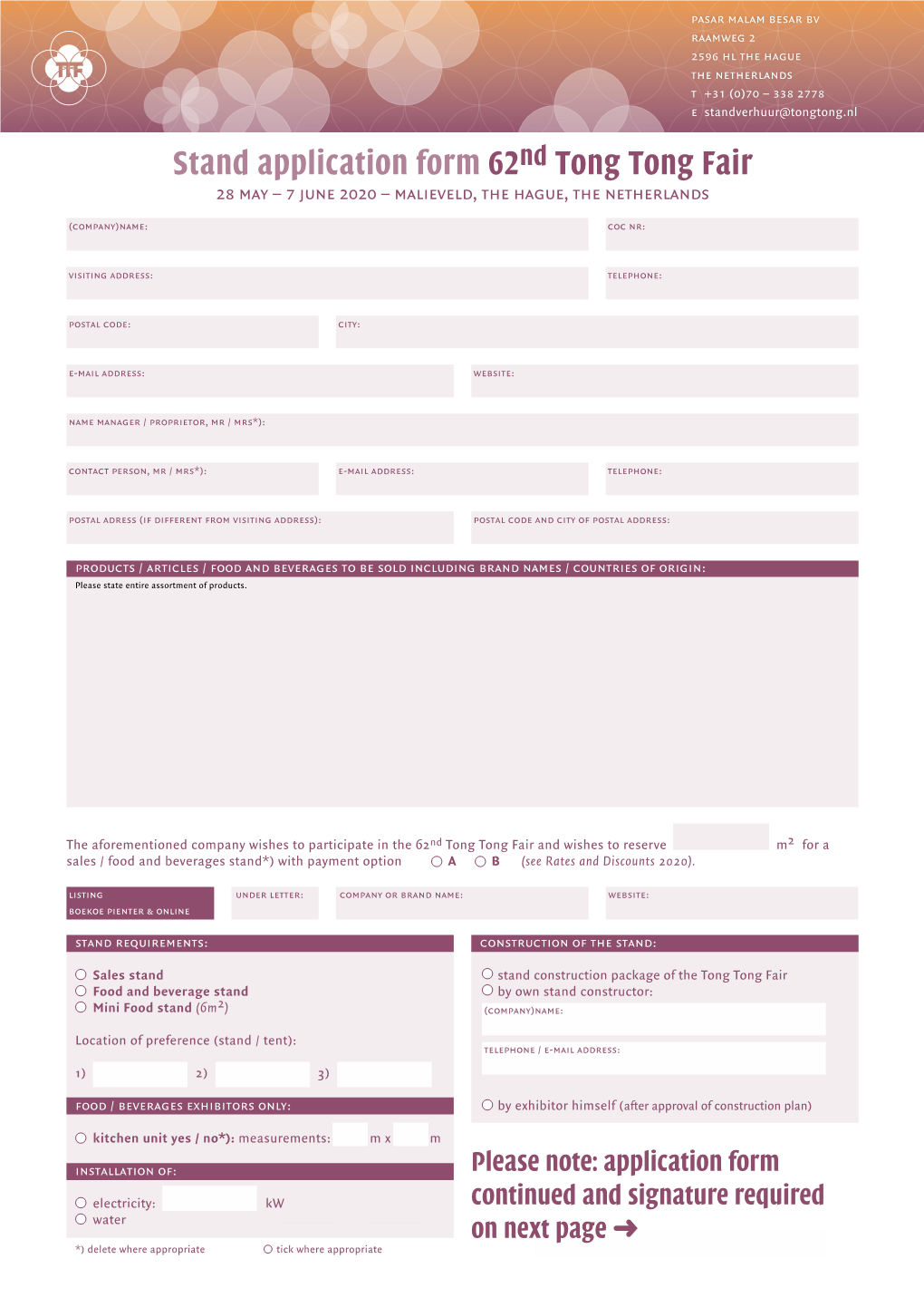 Stand Application Form 62Nd Tong Tong Fair 28 May – 7 June 2020 – Malieveld, the Hague, the Netherlands