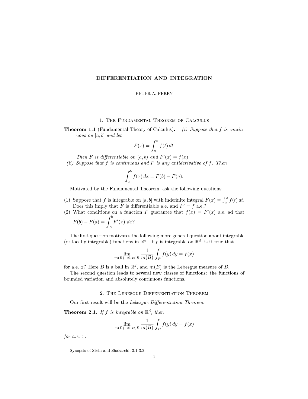 DIFFERENTIATION and INTEGRATION 1. the Fundamental