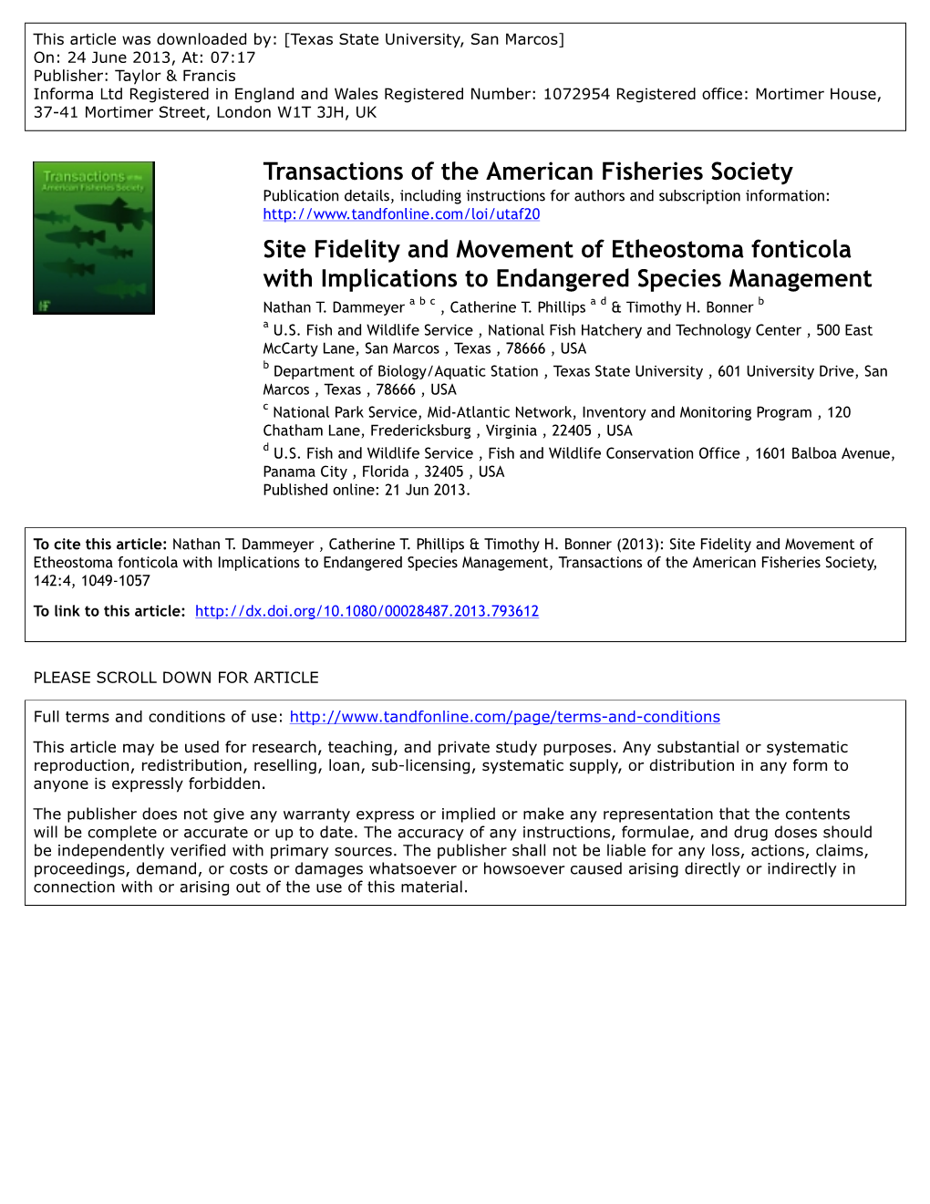 Site Fidelity and Movement of Etheostoma Fonticola with Implications to Endangered Species Management Nathan T
