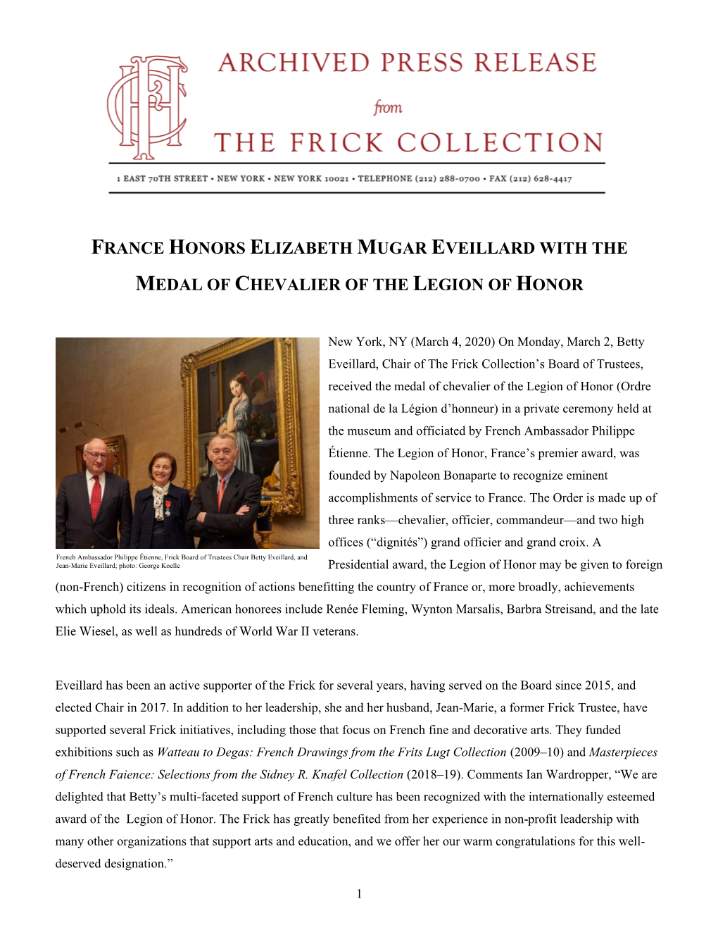 France Honors Elizabeth Mugar Eveillard with the Medal of Chevalier of the Legion of Honor