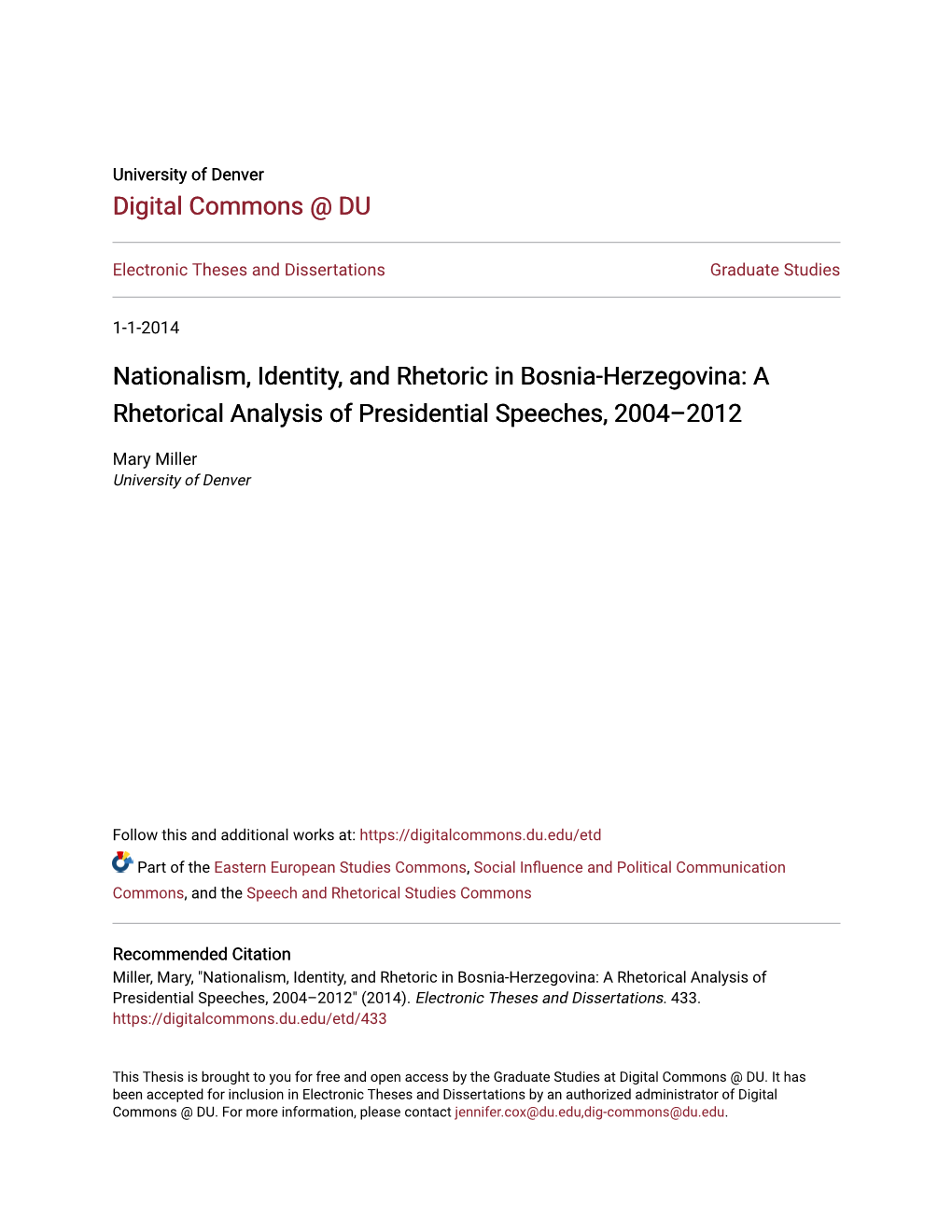 Nationalism, Identity, and Rhetoric in Bosnia-Herzegovina: a Rhetorical Analysis of Presidential Speeches, 2004–2012