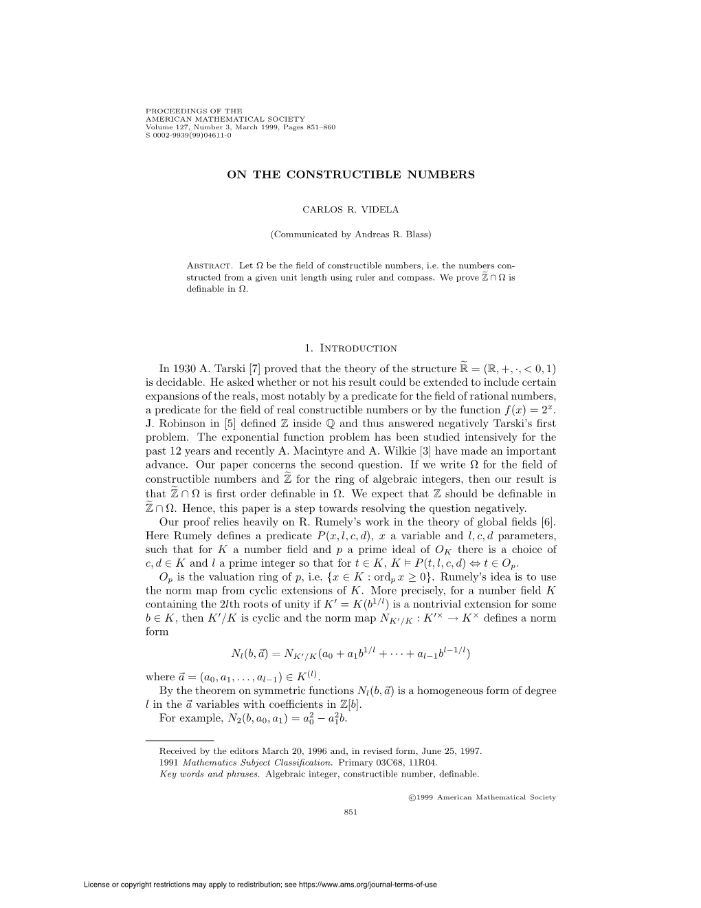 ON the CONSTRUCTIBLE NUMBERS 1. Introduction in 1930