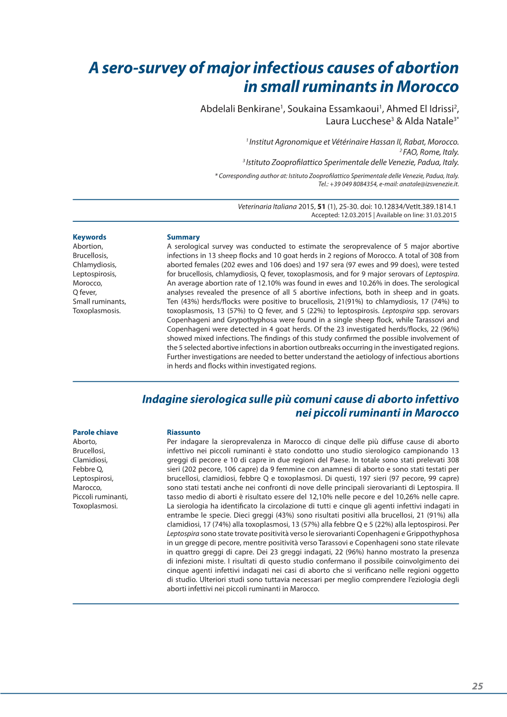 A Sero-Survey of Major Infectious Causes of Abortion in Small Ruminants in Morocco