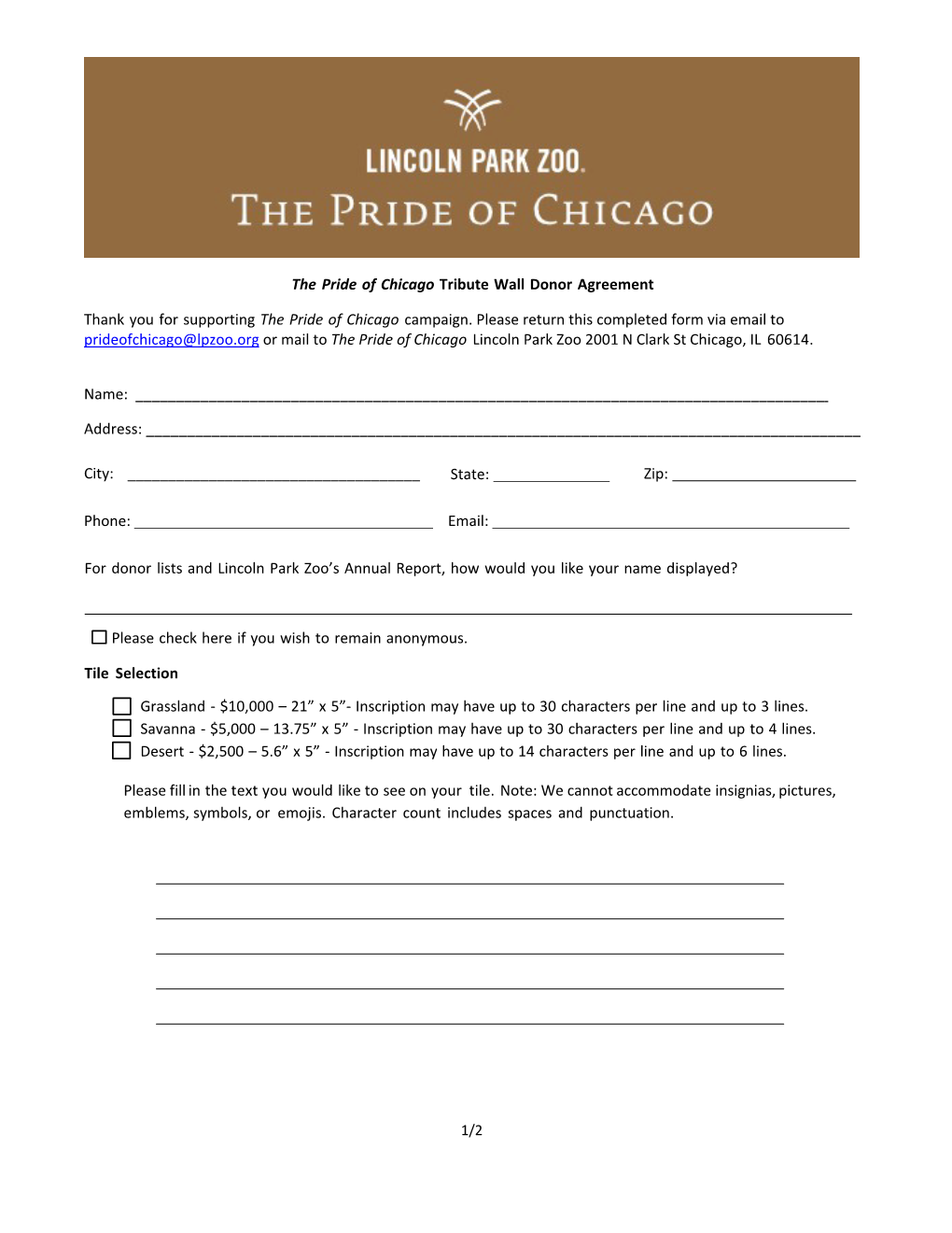 The Pride of Chicago Tribute Wall Donor Agreement Thank You For