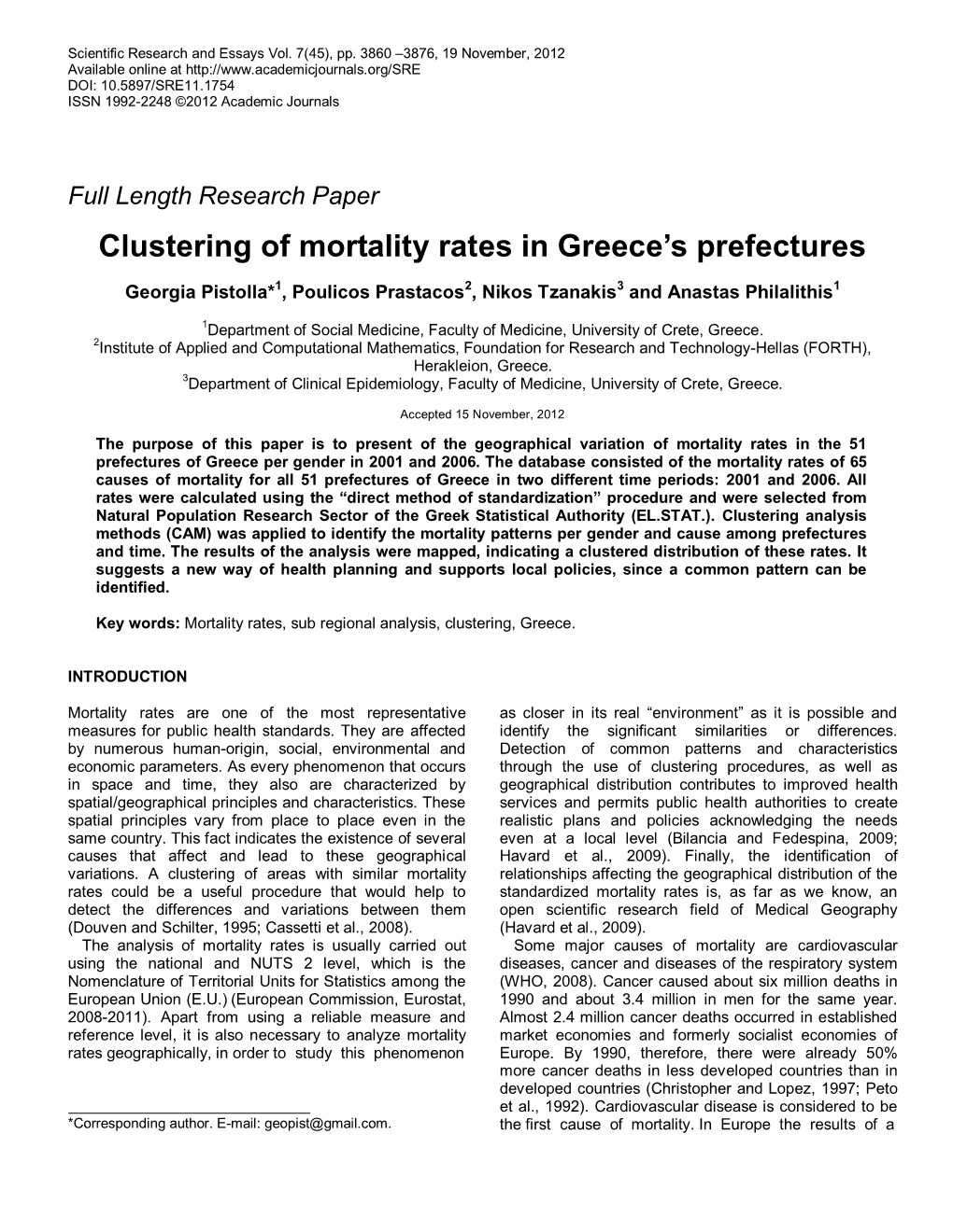 Clustering of Mortality Rates in Greece's Prefectures