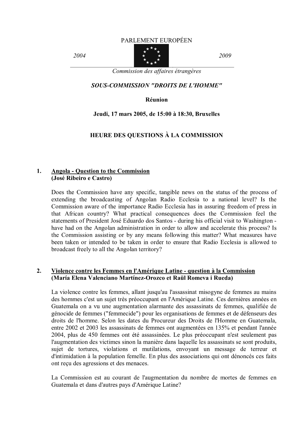 PARLEMENT EUROPÉEN 2004 2009 Commission Des