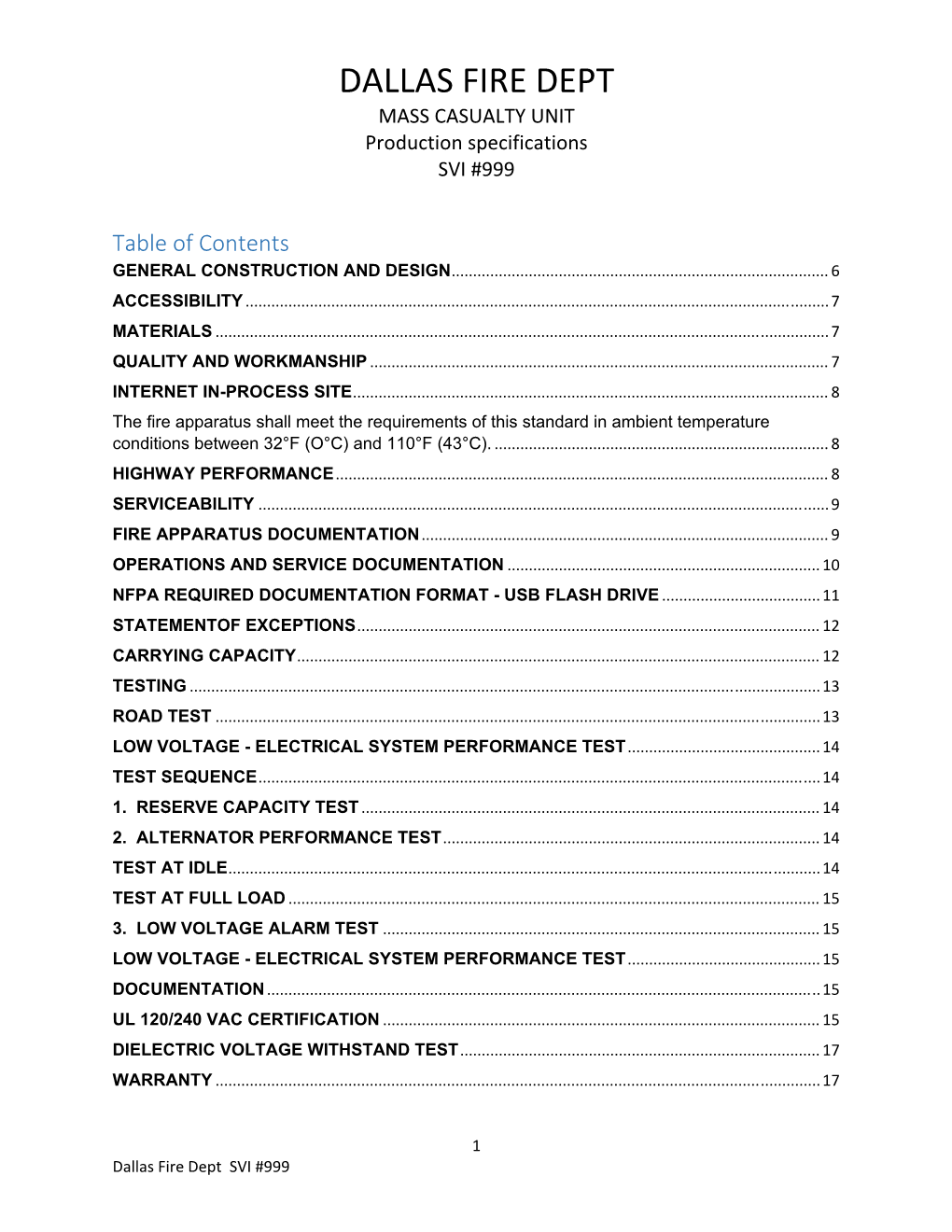 DALLAS FIRE DEPT MASS CASUALTY UNIT Production Specifications SVI #999