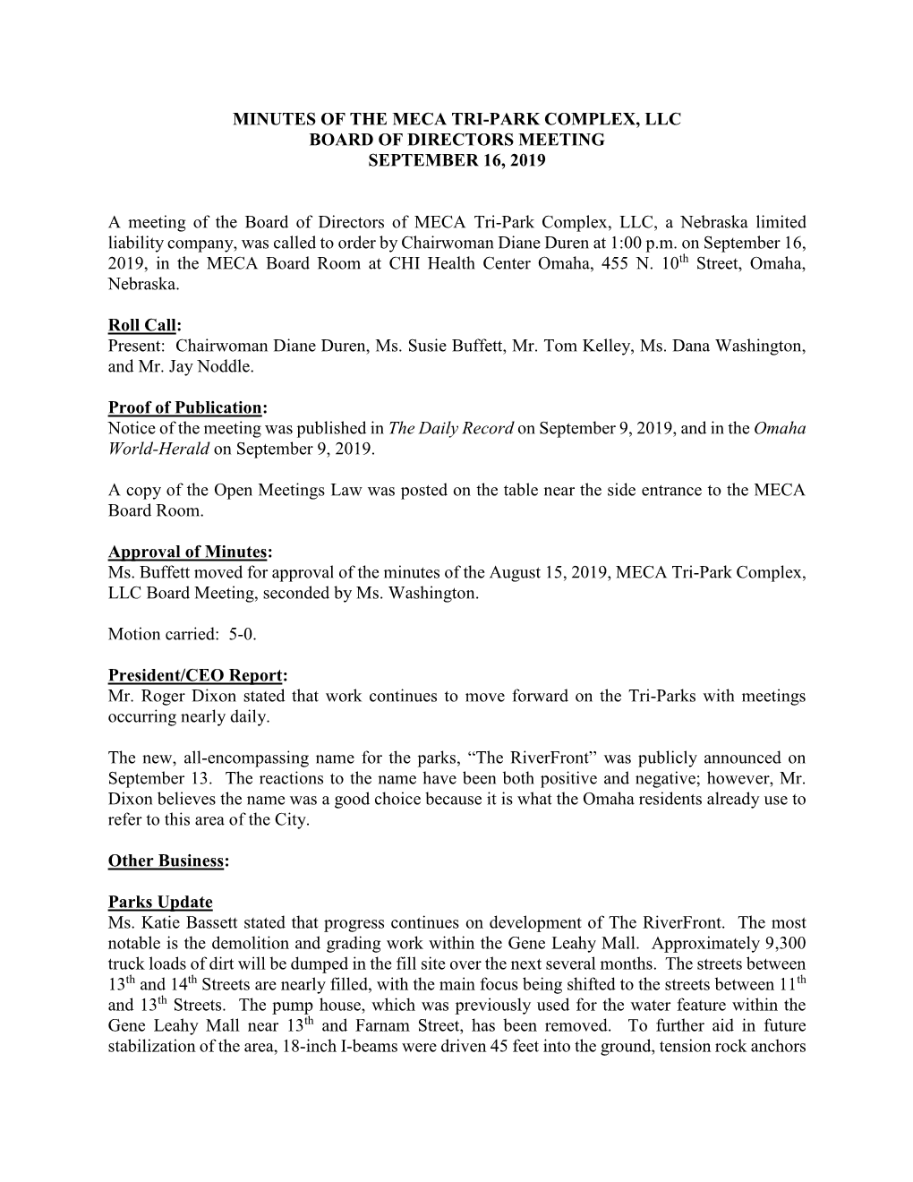 Minutes of the Meca Tri-Park Complex, Llc Board of Directors Meeting September 16, 2019