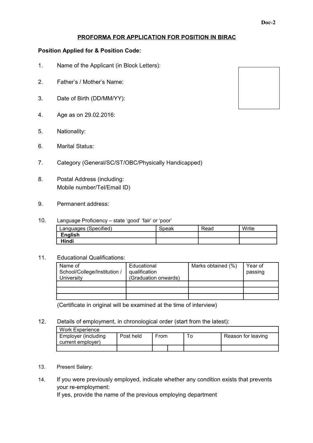 Proforma for Application for Position in Birac