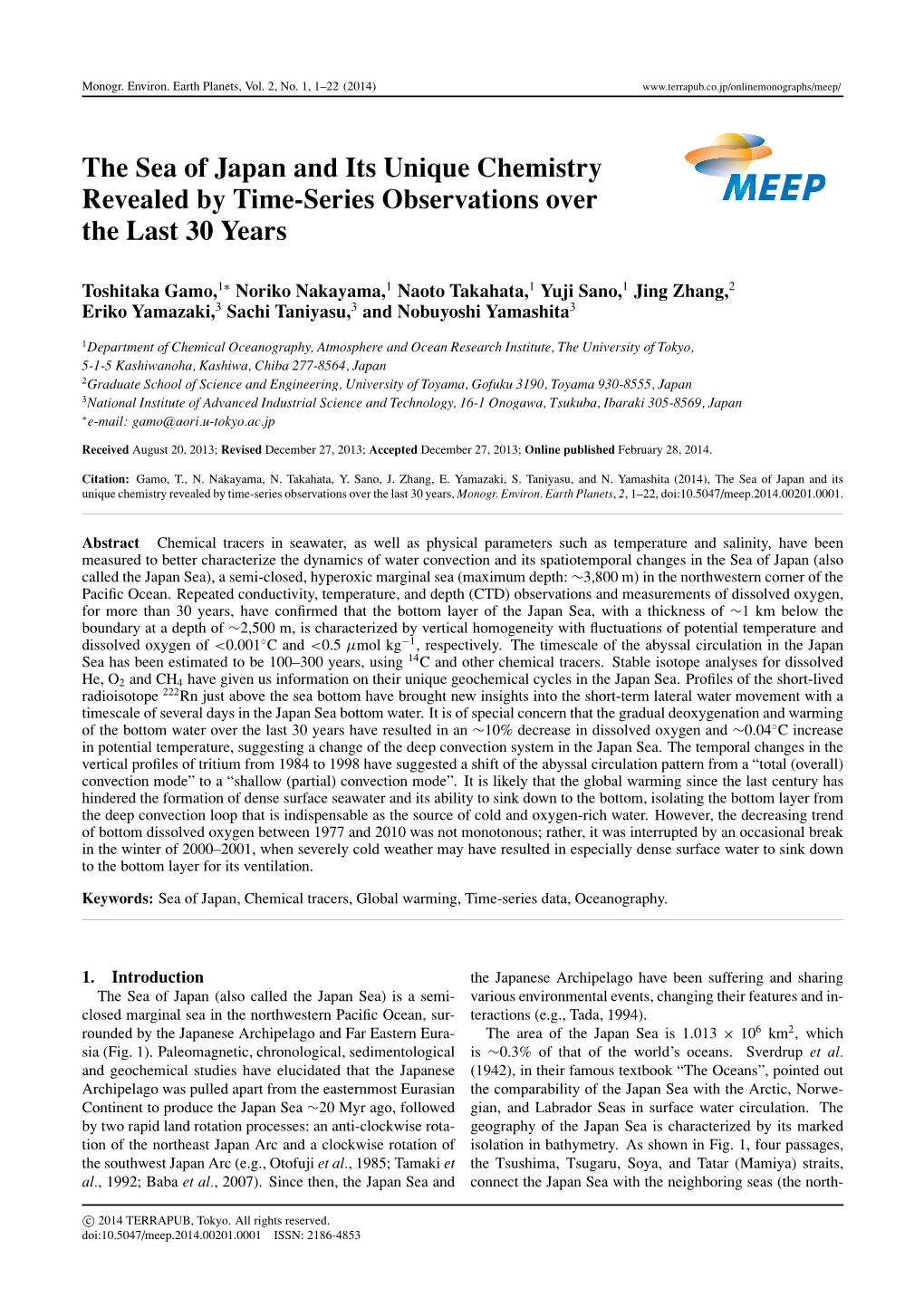 The Sea of Japan and Its Unique Chemistry Revealed by Time-Series Observations Over the Last 30 Years