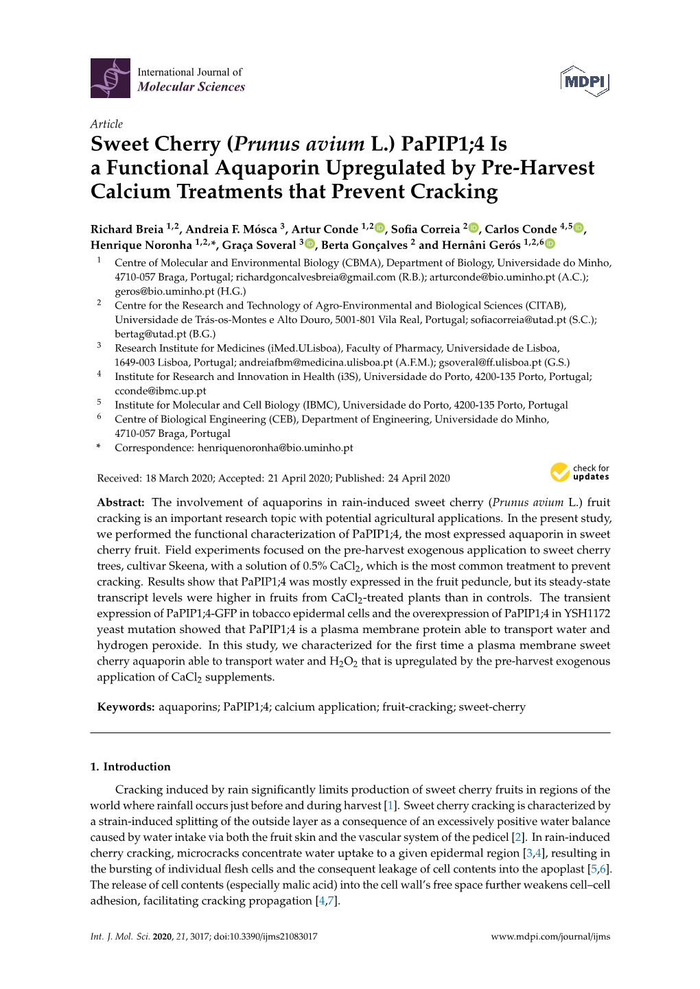 Sweet Cherry (Prunus Avium L.) Papip1;4 Is a Functional Aquaporin Upregulated by Pre-Harvest Calcium Treatments That Prevent Cracking