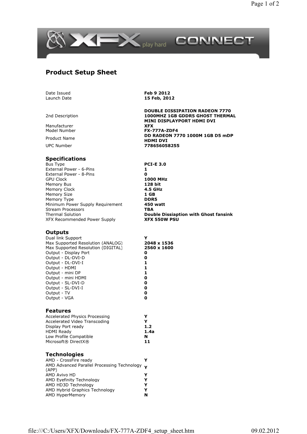 Product Setup Sheet Page 1 of 2 09.02.2012 File:///C:/Users