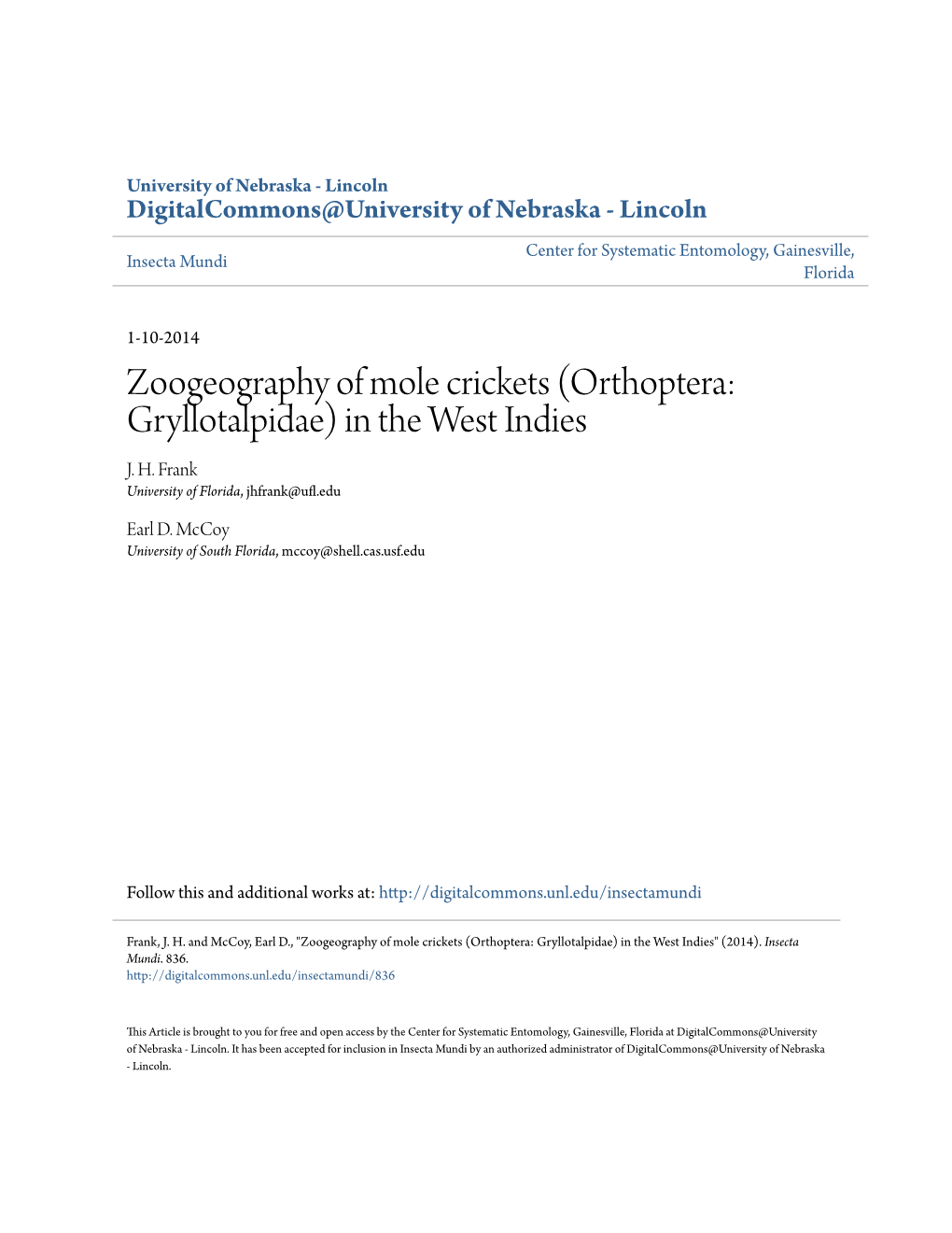 Zoogeography of Mole Crickets (Orthoptera: Gryllotalpidae) in the West Indies J