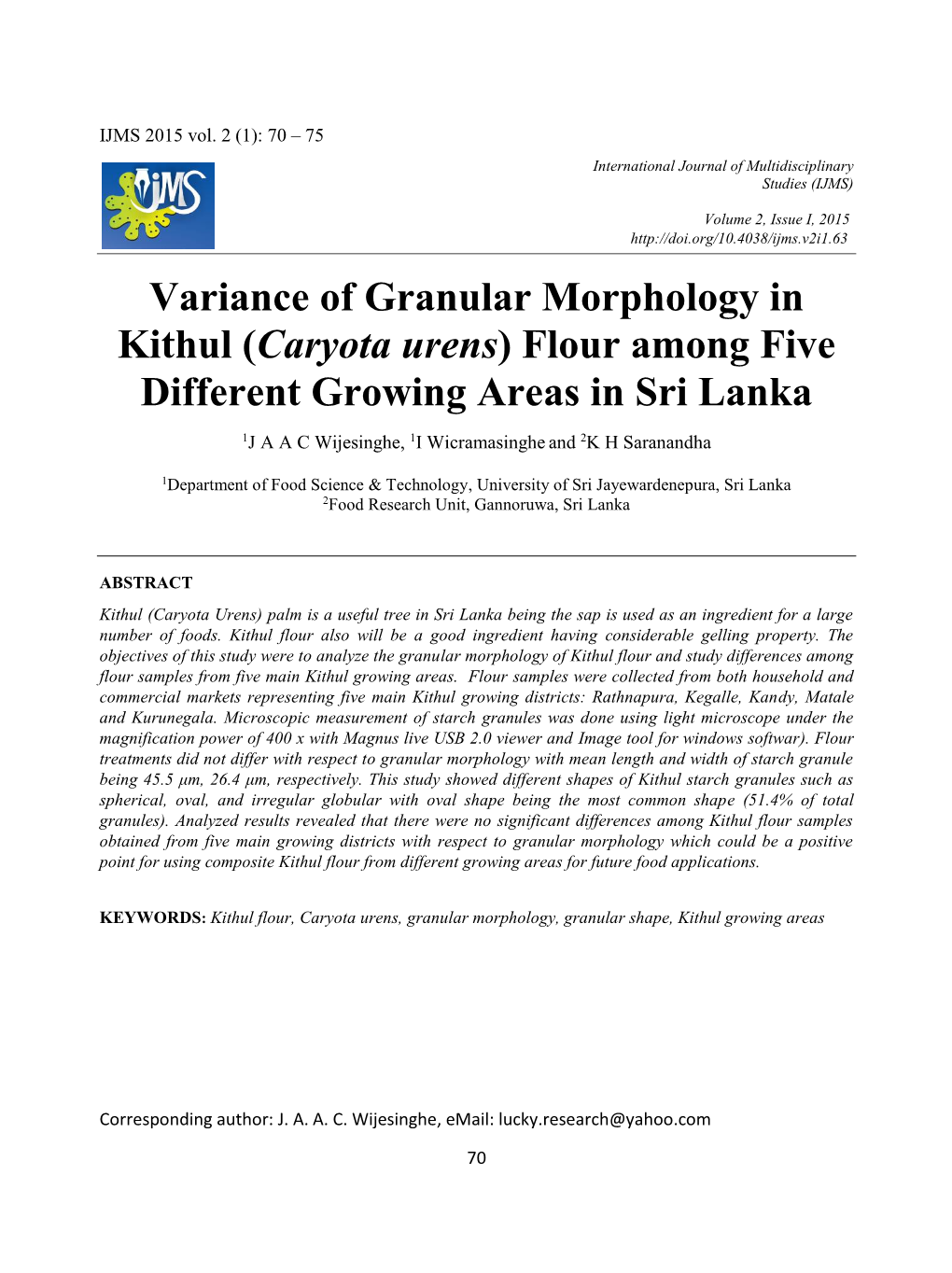 Variance of Granular Morphology in Kithul (Caryota Urens) Flour Among Five Different Growing Areas in Sri Lanka