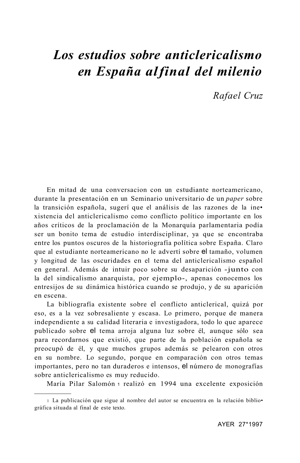 Los Estudios Sobre Anticlericalismo En España Alfinal Del Milenio