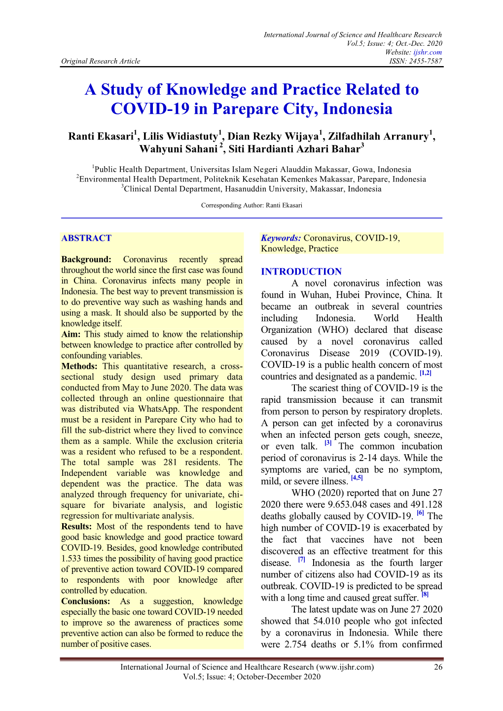 A Study of Knowledge and Practice Related to Covid-19 in Parepare City, Indonesia