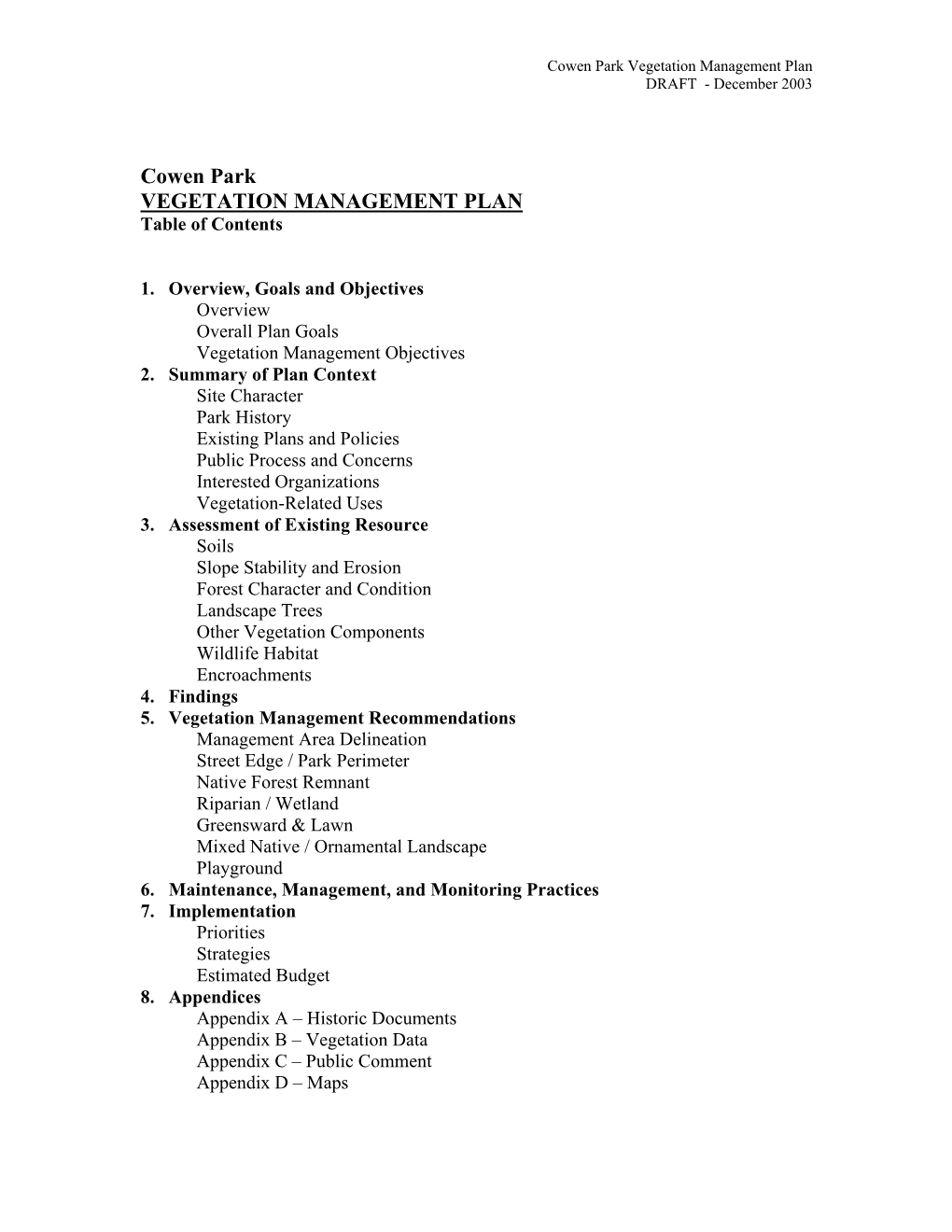 Cowen Park Vegetation Management Plan DRAFT - December 2003