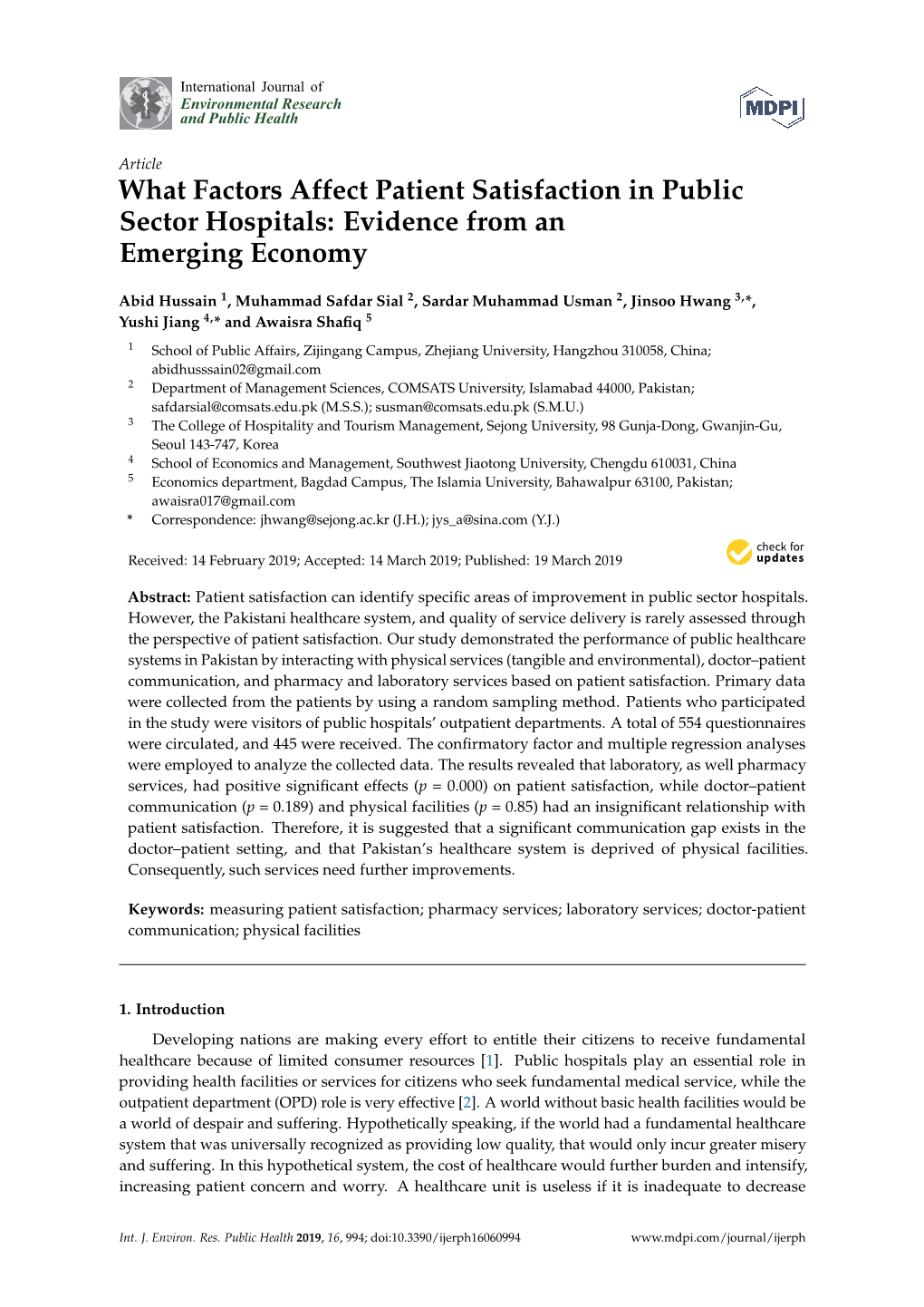 What Factors Affect Patient Satisfaction in Public Sector Hospitals: Evidence from an Emerging Economy