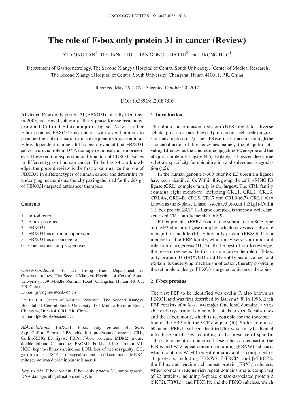 The Role of F‑Box Only Protein 31 in Cancer (Review)