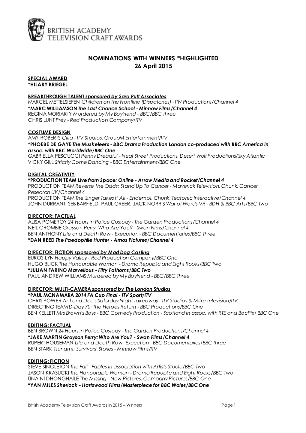 NOMINATIONS with WINNERS *HIGHLIGHTED 26 April 2015