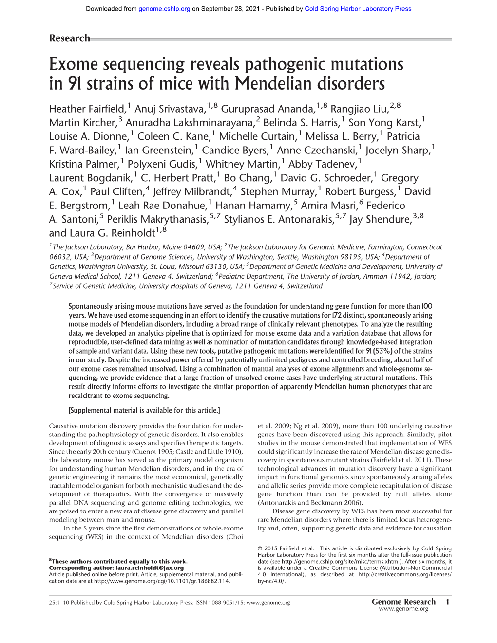 Exome Sequencing Reveals Pathogenic Mutations in 91 Strains of Mice with Mendelian Disorders