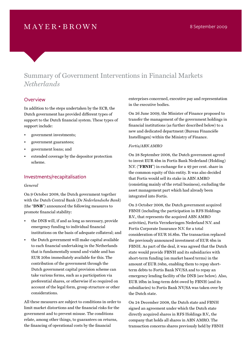 Summary of Government Interventions in Financial Markets Netherlands