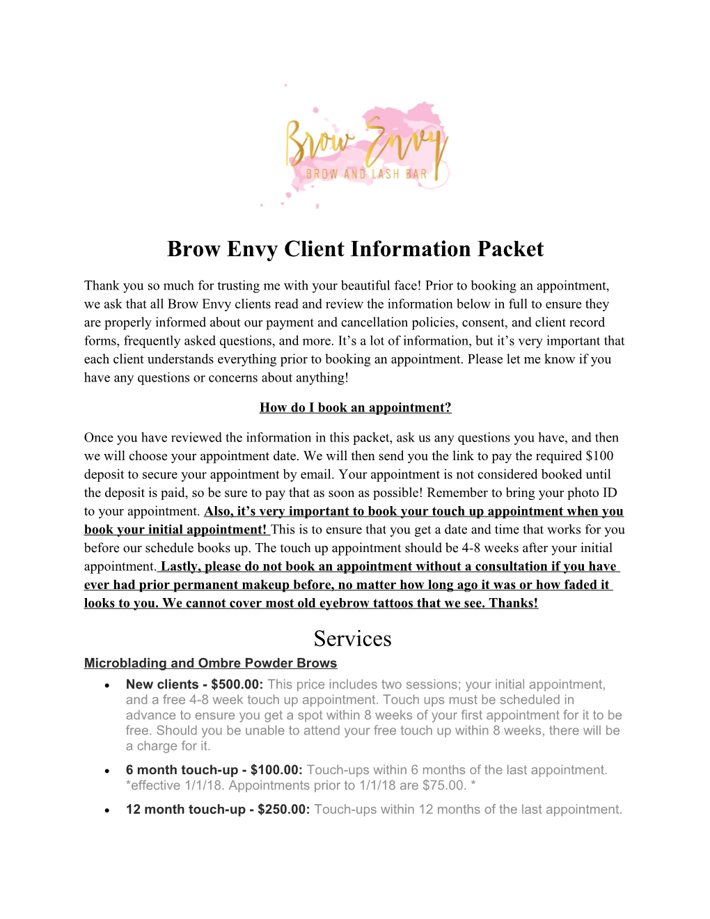 Brow Envy Client Information Packet