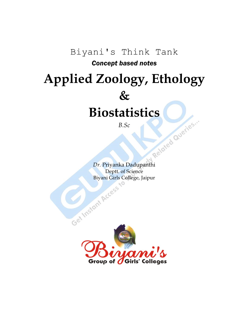 Think Tank Concept Based Notes Applied Zoology, Ethology & Biostatistics B.Sc