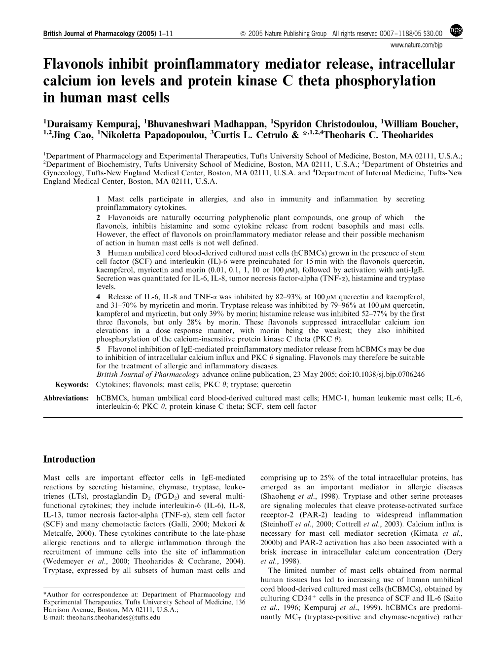 Flavonols Inhibit Proinflammatory Mediator Release, Intracellular Calcium Ion Levels and Protein Kinase C Theta Phosphorylation in Human Mast Cells