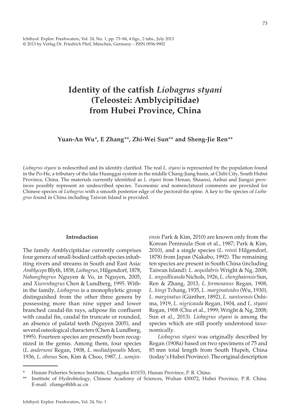 Identity of the Catfish Liobagrus Styani (Teleostei: Amblycipitidae) from Hubei Province, China