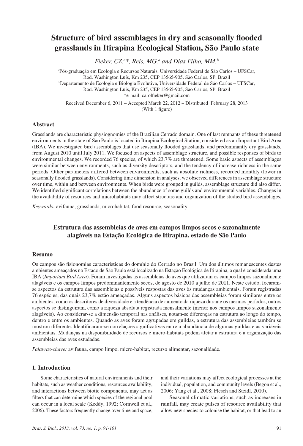 Structure of Bird Assemblages in Dry and Seasonally Flooded Grasslands