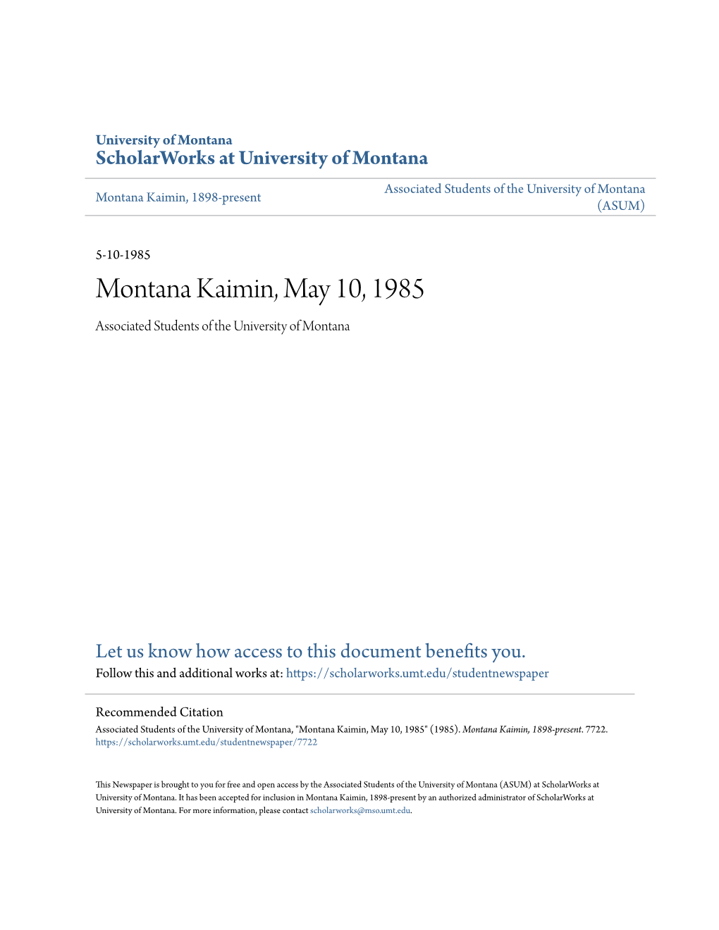 Montana Kaimin, May 10, 1985 Associated Students of the University of Montana