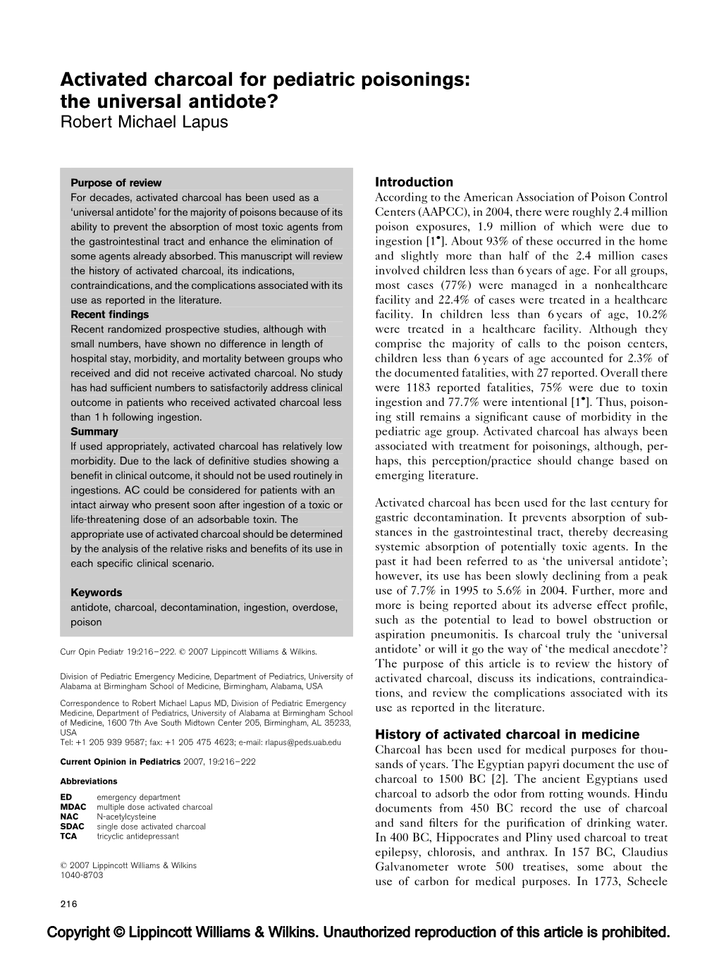 Activated Charcoal for Pediatric Poisonings: the Universal Antidote? Robert Michael Lapus