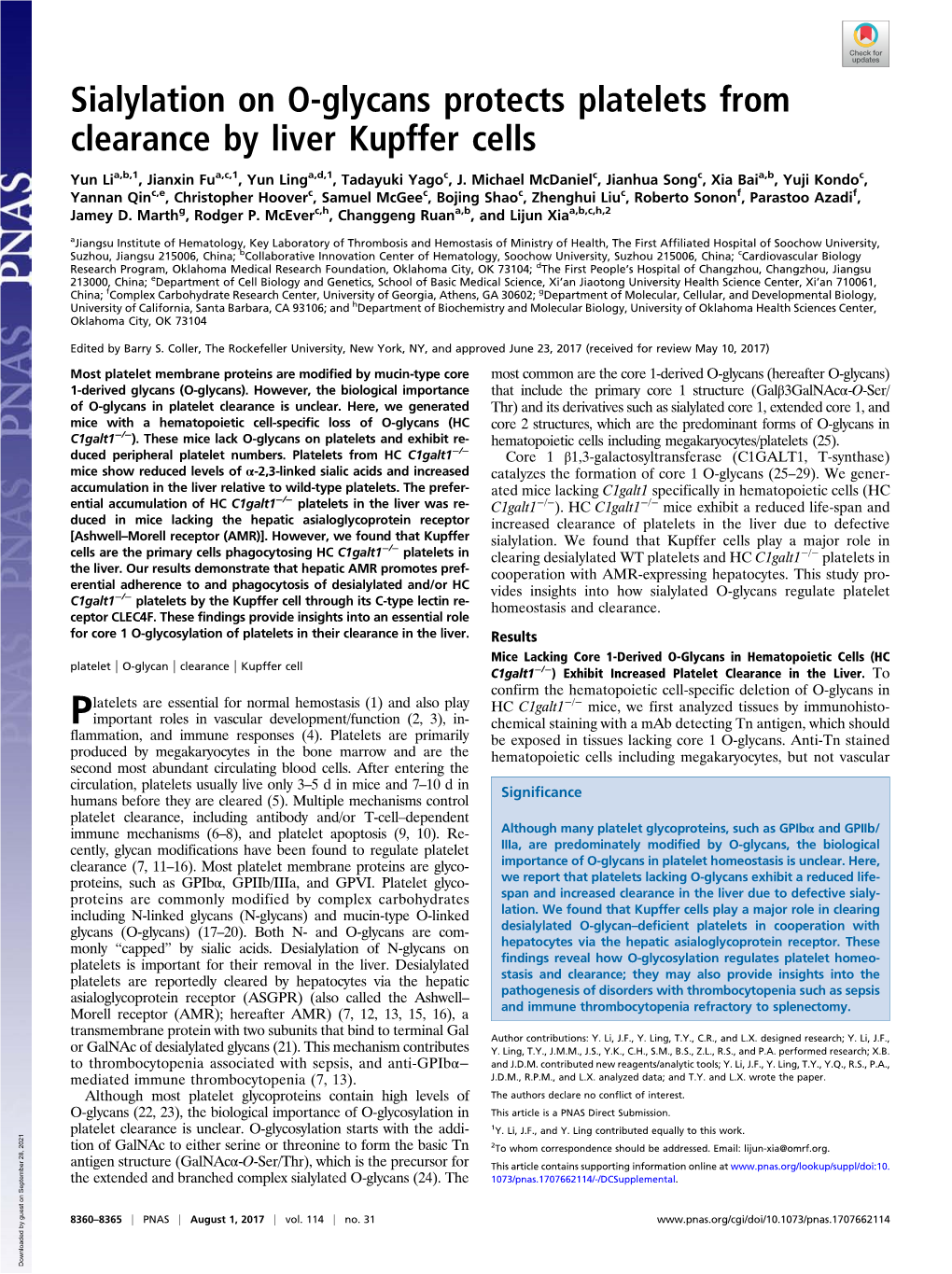 Sialylation on O-Glycans Protects Platelets from Clearance by Liver Kupffer Cells