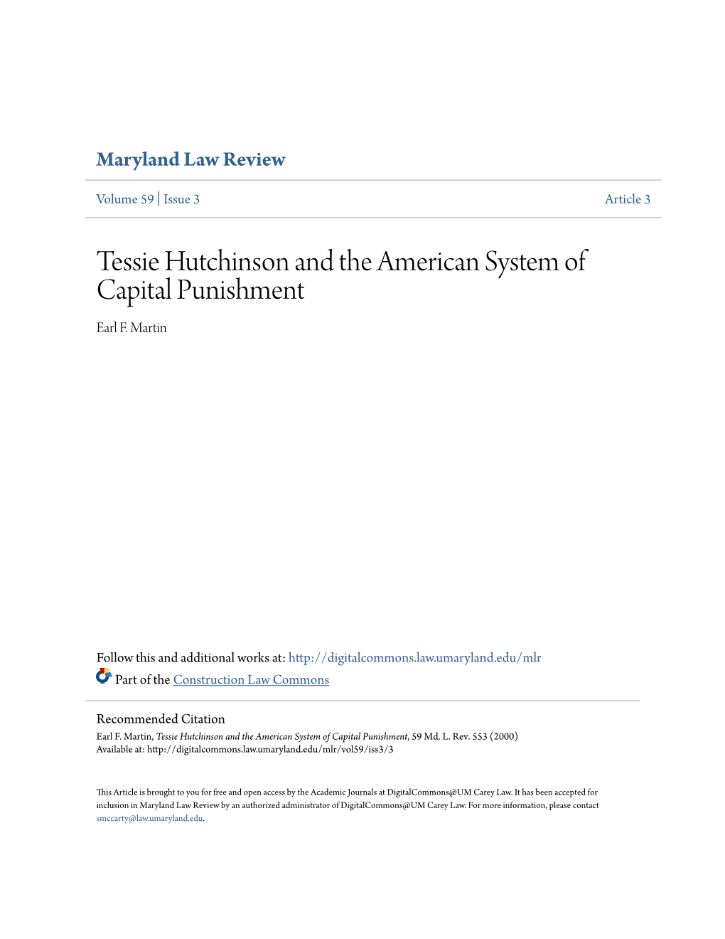 Tessie Hutchinson and the American System of Capital Punishment Earl F