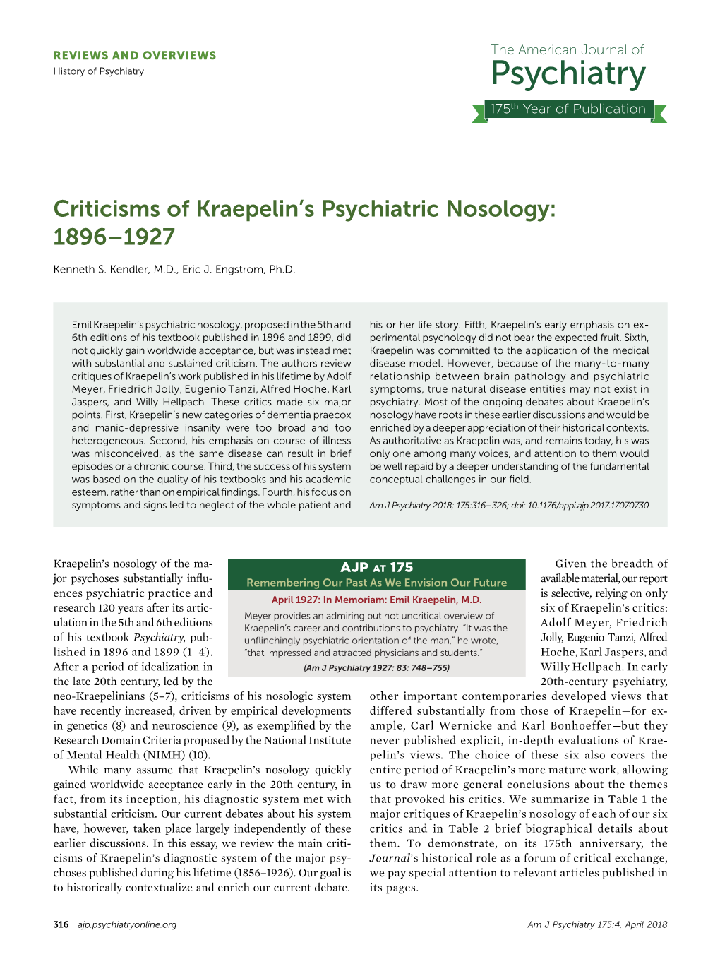 Criticisms of Kraepelin's Psychiatric Nosology