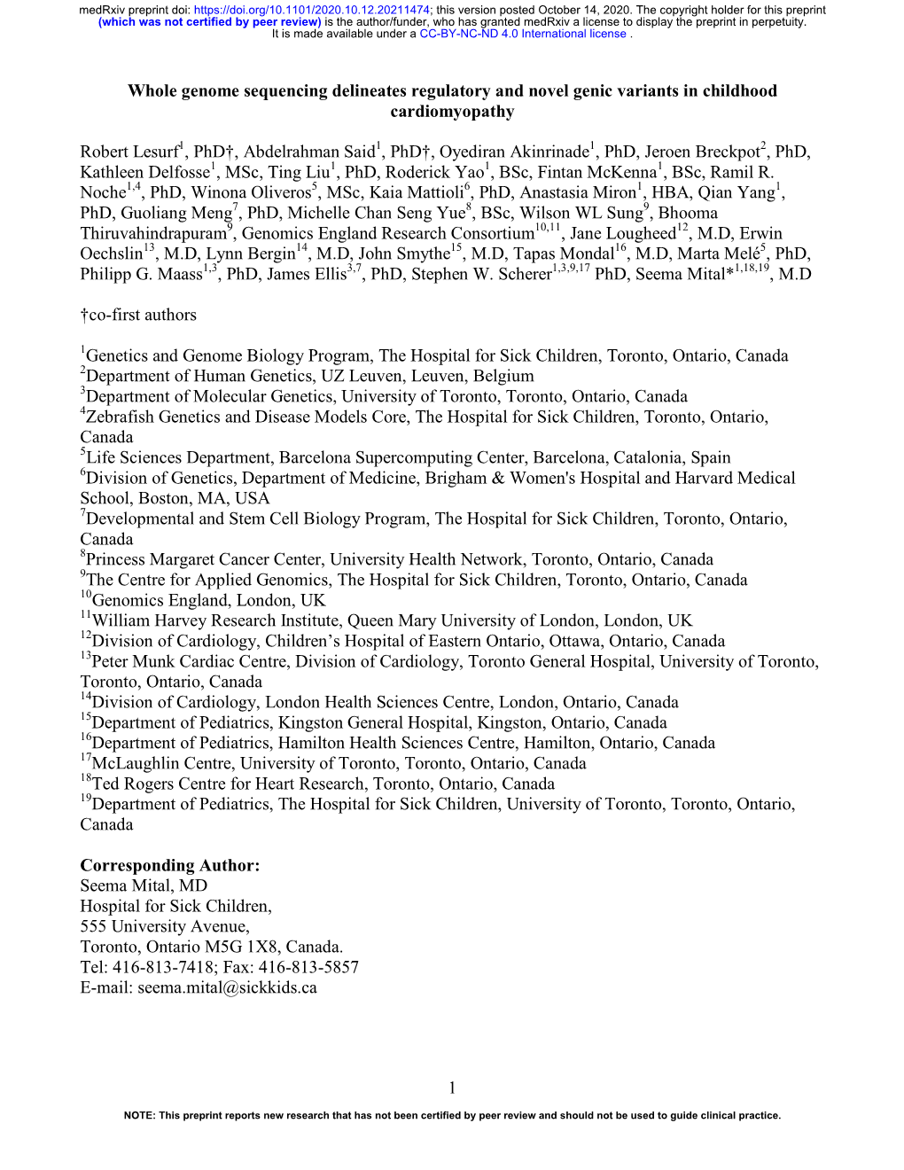 1 Whole Genome Sequencing Delineates Regulatory and Novel